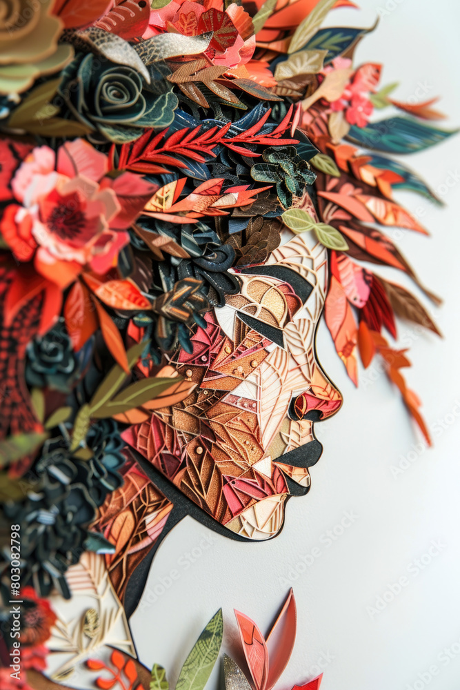 A portrait of a womans face artfully created using intricate paper flowers and leaves for a unique and creative display