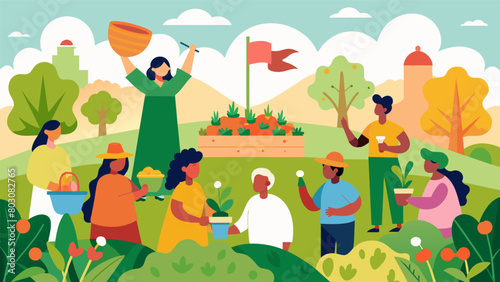 A community garden filled with flowers and vegetables is the setting for a flagraising ceremony reminding all present of the hard work and dedication. Vector illustration