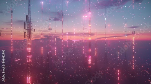 Holographic towers rising from a digital landscape, transmitting signals across vast distances