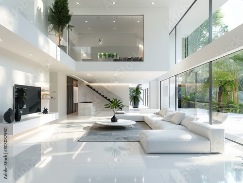 White modern mansion, spacious living room with LCD TV, futuristic design, large windows, dreamy atmosphere, medium shot, close-up living room, futuristic surreal photography
