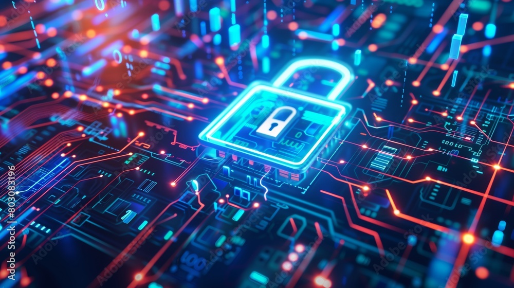 Vivid digital depiction of a glowing security padlock on a complex circuit board background with dynamic lights. Vivid digital depiction of a glowing security padlock on a complex circuit board background with dynamic lights.