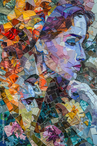 Mosaic artwork depicting a womans face and hands created using vibrant colored tiles  showcasing intricate details and textures