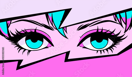 Pop art vector illustration of anime style eyes with 90's neon retro makeup. Fashionable manga-inspired design.