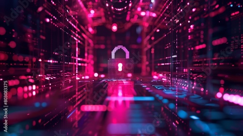 Vivid depiction of a digital security concept with a glowing padlock in a futuristic corridor illuminated by neon lights.
