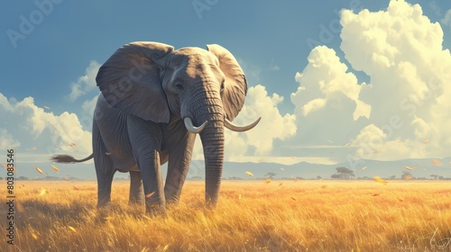  African elephant grazing on the vast African savanna, 