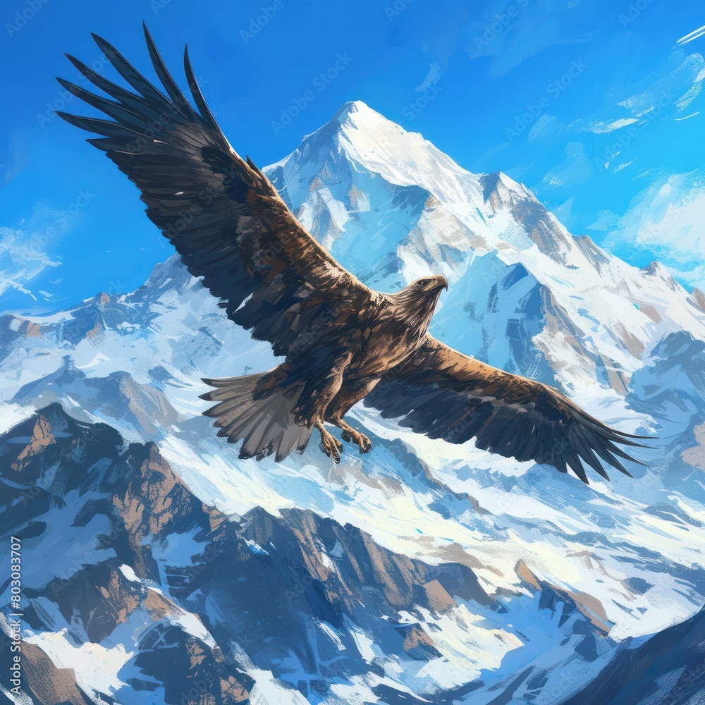 Fototapeta premium majestic eagle soaring high above a snow-capped mountain range, its wings outstretched in flight. 