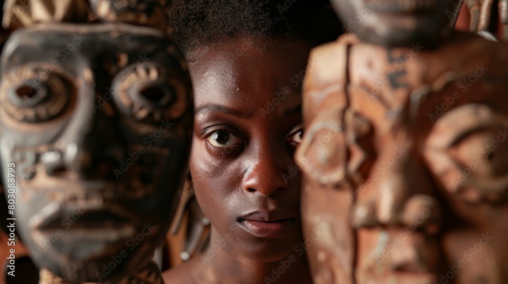 Mysterious African Woman Flanked by Traditional Tribal Masks