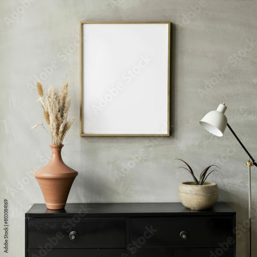 Canvas mockup in minimalist interior background with armchair and rustic decor.Front view. 3d rendering 