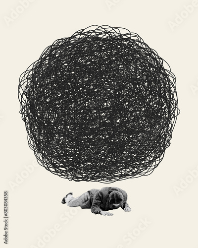 Man lying under tangled sphere symbolizing chaotic, intrusive thoughts that influence of consciousness. Contemporary art. Psychology, inner world, mental health, feelings. Conceptual design. Line art