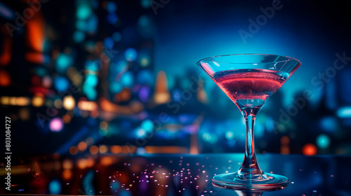 Colorful cocktails in a glass on the bar counter, neon lights on dark night background with lights photo
