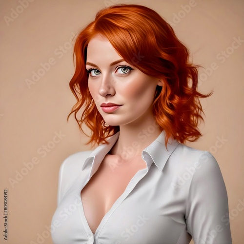 Portrait of a young pretty red-haired woman with long curly hair. Portrait of a beautiful redhead girl.