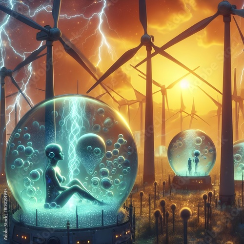 Wind turbines in a fantastical environment. Bubbles of liquid in which humans sleep, waiting to be born, cared for by robots.