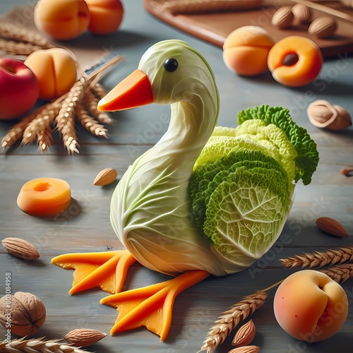 goose made with cabbage body, apricot beak and ears of wheat legs