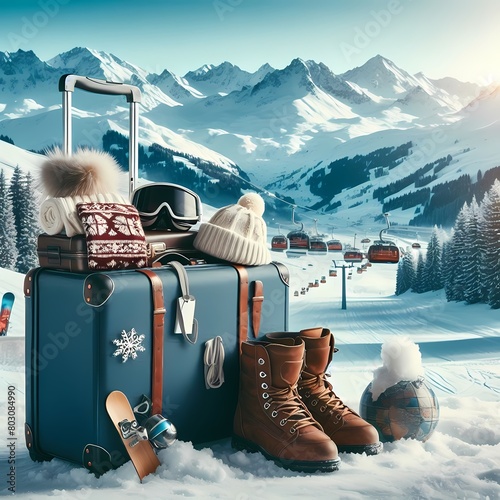 full suitcase for a winter trip for a skiing holiday