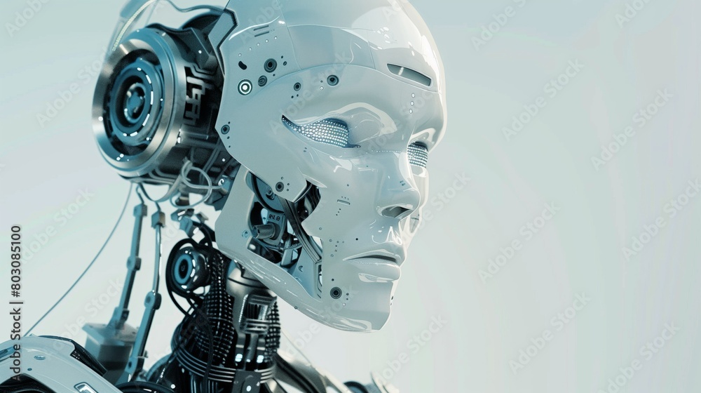 Highly detailed close-up of a futuristic robot with a human-like face and intricate mechanics. Highly detailed close-up of a futuristic robot with a human-like face and intricate mechanics.