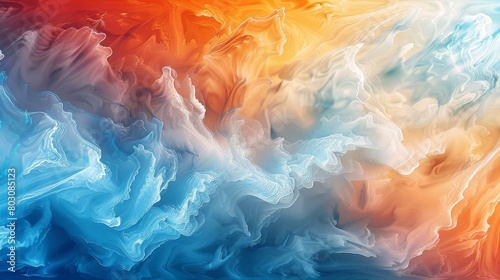 Abstract digital art of morphing weather patterns with vivid blue and orange hues