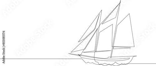 Single line drawing of sail boat or yacht. Abstract sailing vessel silhouette drawn by one continuous line.