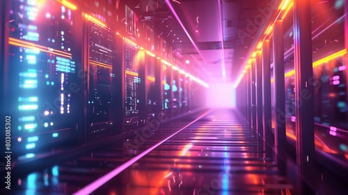 Futuristic server room with neon lighting and bright data racks in perspective view. photo