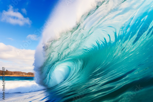 Surfer on a large wave in tropical ocean.
