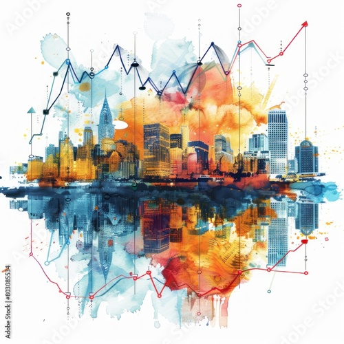 Watercolor illustration of a city skyline blended with financial charts clipart