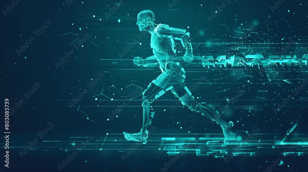 Digital illustration of a human skeleton running in a dynamic pose within a technological, futuristic background.