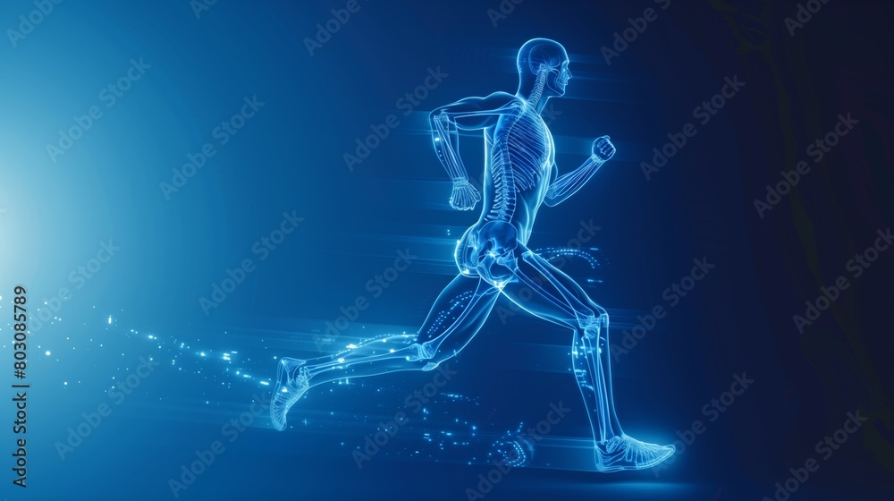 Digital illustration of a human skeletal and muscular systems in a running pose on a blue background