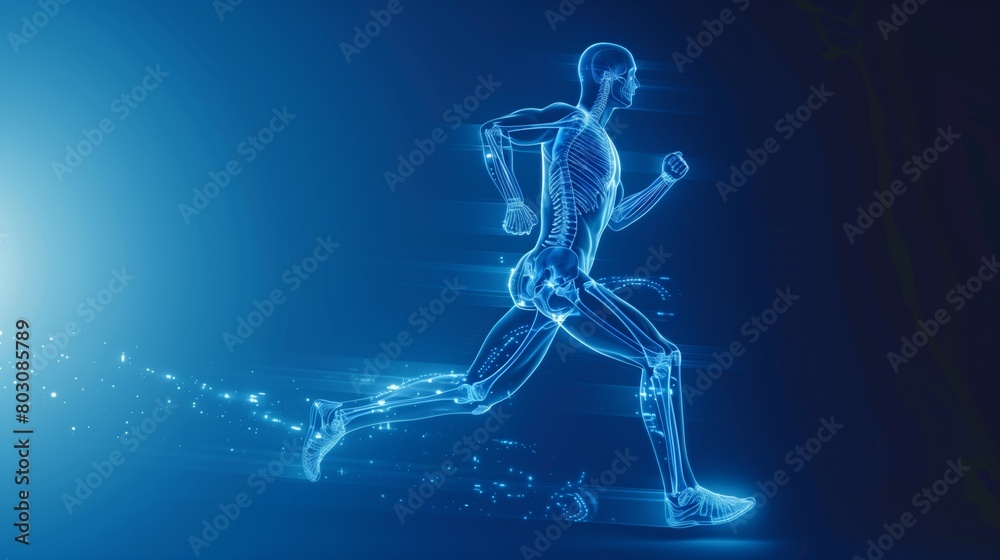 Digital illustration of a human skeletal and muscular systems in a running pose on a blue background Digital illustration of a human skeletal and muscular systems in a running pose on a blue background