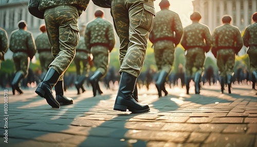 soldiers in camouflage uniform and black soldier boots march on the square, close-up of legs, side view photo