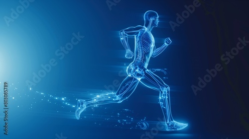 Digital illustration of a human skeletal and muscular systems in a running pose on a blue background © Natalia