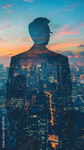 Artistic juxtaposition of a corporate leader overlooking the city at dusk