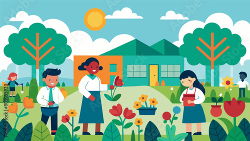 A school garden blooming with flowers and vegetables funded by the profits from the Sustainable School Uniform Program.. Vector illustration