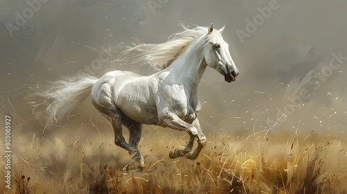 the elegance of a stunning horse adorned with a flowing mane  exuding strength and vitality as it moves gracefully through a field.