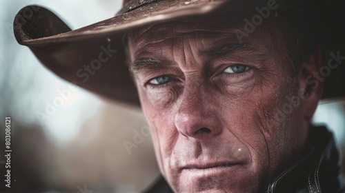 Western cowboy or farmer or rancher portrait outdoor background. Handsome american ,man wearing leather ,cowboy ,hat. , photo