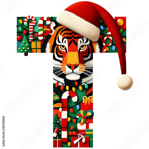 A cartoon tiger wearing a red Santa hat with white pom-pom. The tiger's body is decorated with Christmas lights and ornaments A is for alligator Letter T photo