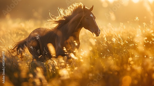 the grace and power of a magnificent horse galloping freely in a sunlit meadow, its mane flowing in the wind. © Creative_Hub