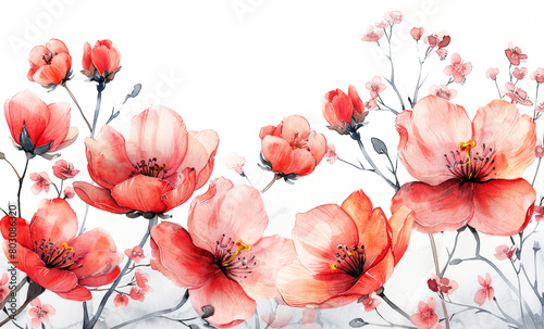 Frame of watercolor spring red flowers on a white background. Greeting card mockup  copy space.