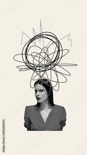 Young woman expressing motions of misunderstanding with chaotic lines over head. Contemporary art collage. Psychology, inner world, mental health, feelings. Conceptual design. Line art photo