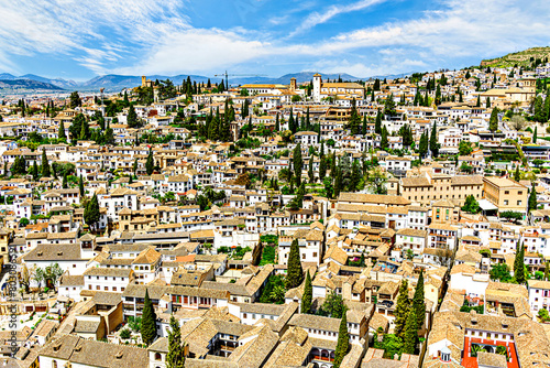 Views of the Albaicin neighborhood from the top of the Alhambra viewpoint in Granada, Spain