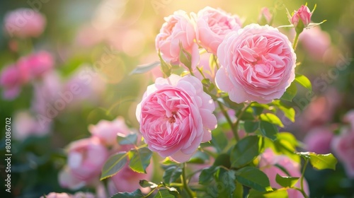 delicate pink david austin english rose flowers in full bloom romantic garden setting photo