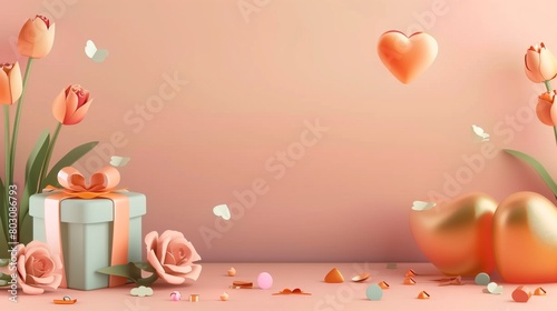 Elegant festive design with tulips, hearts, roses, and gift box on a soft pink background. #803086793