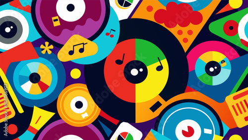 Vibrant and colorful stickers cover the vinyl records representing the diverse mix of genres and styles that the DJ is known for blending together Vector illustration
