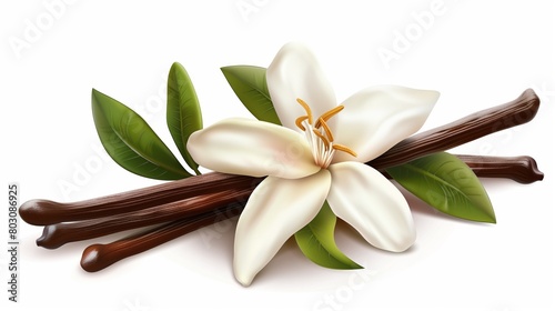 Realistic illustration of a white flower and vanilla pods with green leaves on a white background.