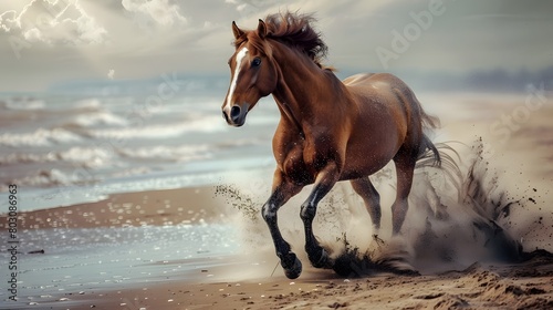 the spirit of adventure with a dynamic shot of a horse galloping along a sandy beach  kicking up spray as it races across the shoreline.