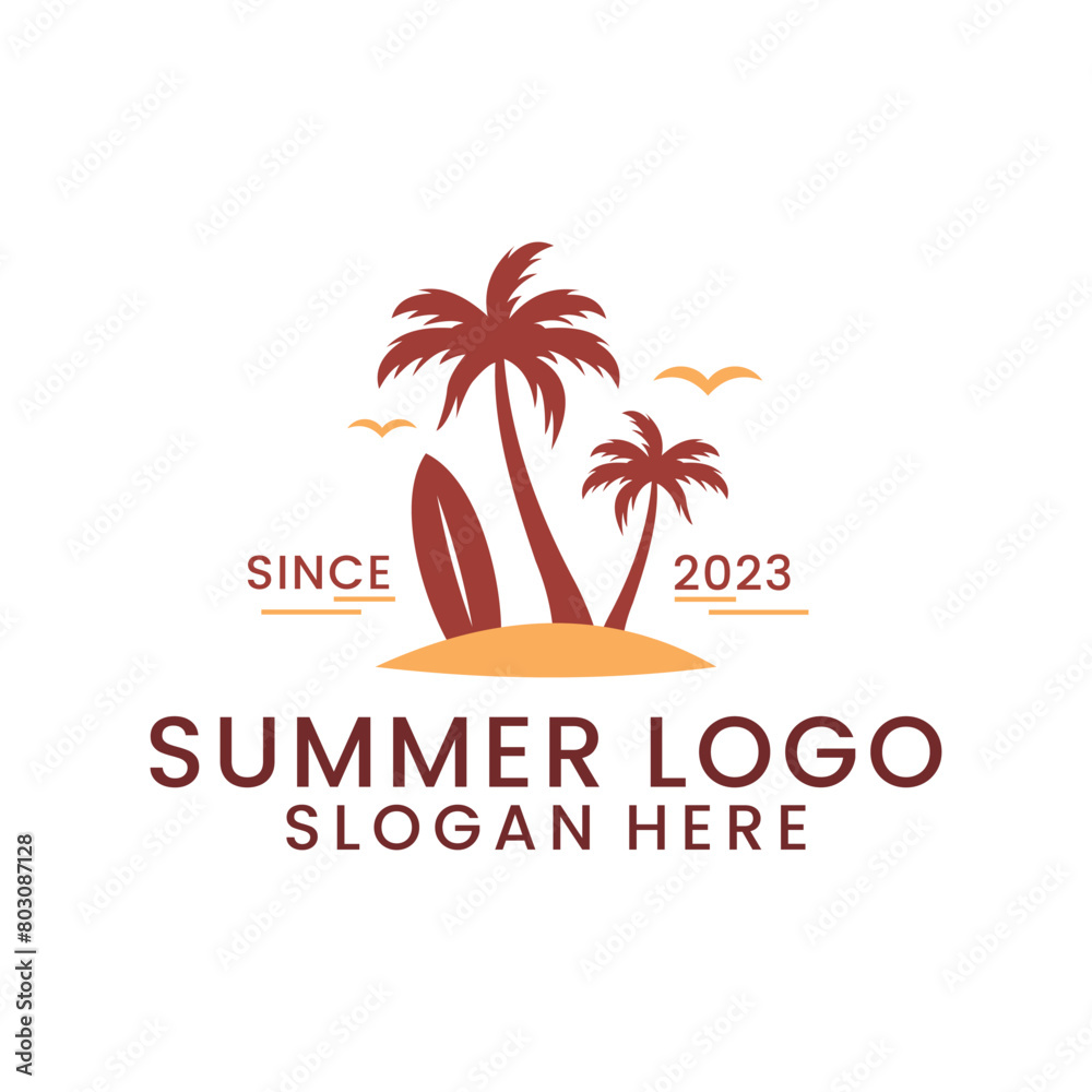 summer beach vector logo with surf and coconut trees