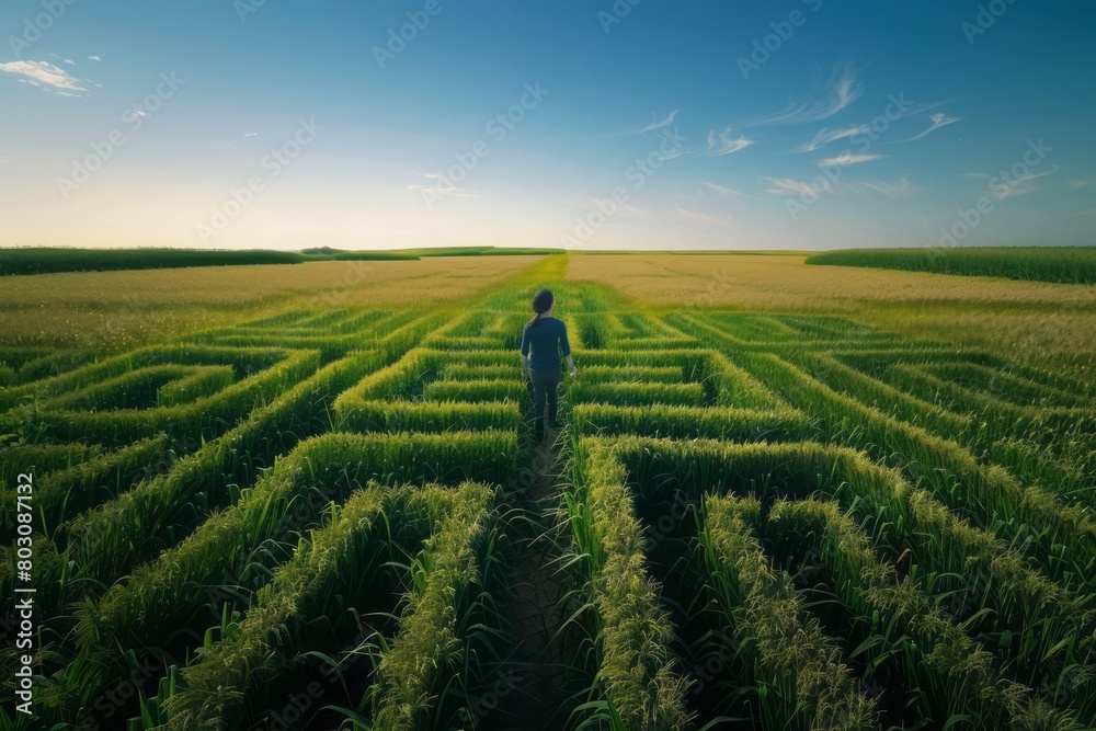 A person finding a way through a maze, reaching an open field under a clear sky, representing the clarity after depression