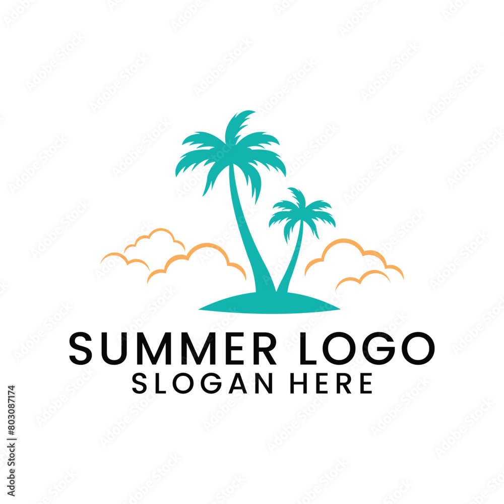 summer beach vector logo with surf and coconut trees summer beach vector logo with surf and coconut trees