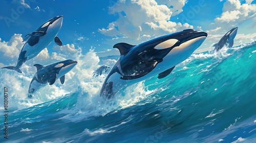   playful pod of killer whales leaping out of the ocean waves,  