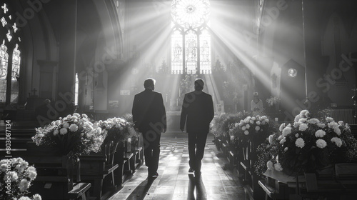 Silhouettes of two men at a funeral ceremony, funeral service in a church. Black and white image.