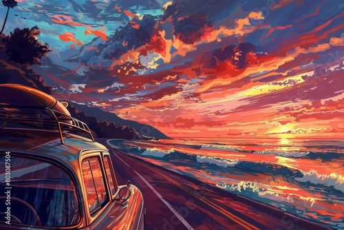 A summer road trip along a coastal road, surfboards strapped to the roof of a car, and a sunset casting warm hues over the scene photo