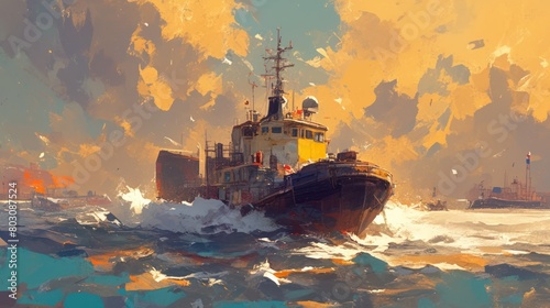   powerful tugboat towing a cargo barge in a dynamic impressionist style.  photo